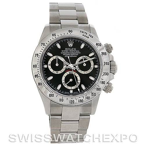 This Rolex Daytona 116520 Men's Stainless Steel Black Dial 116520 Men's Stainless Steel Black Dial watch is shown from a front angle, displaying its face, bezel, crown, and part of the bracelet.