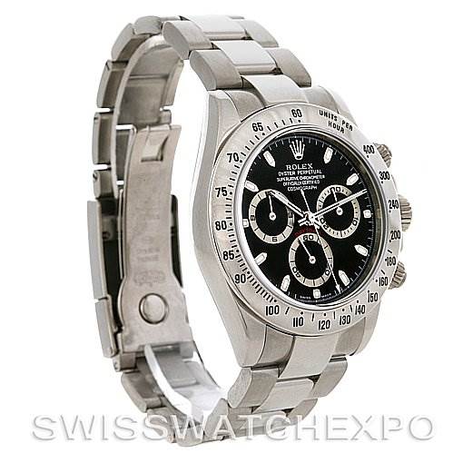 The image shows a side-angle view of a Rolex Daytona 116520 Men's Stainless Steel Black Dial 116520 Men's Stainless Steel Black Dial watch, highlighting the stainless steel bracelet, clasp, and black dial with subdials.
