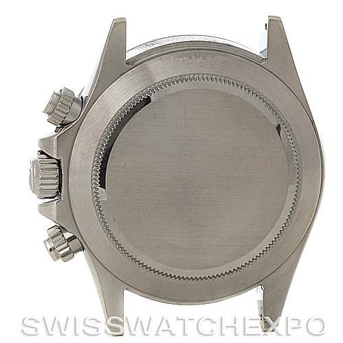 This image shows the case back and side with pushers and crown of a Rolex Daytona 116520 Men's Stainless Steel Black Dial 116520 Men's Stainless Steel Black Dial watch.