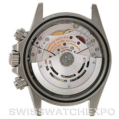 The image shows the back view of a Rolex Daytona 116520 Men's Stainless Steel Black Dial 116520 Men's Stainless Steel Black Dial watch, revealing its internal movement and mechanical components.