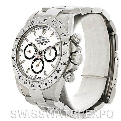 The Rolex Daytona 16520 Men's Stainless Steel White Dial 16520 Men's Stainless Steel White Dial watch is shown at an angle showcasing its face, bezel, and side view, including the crown and pushers.