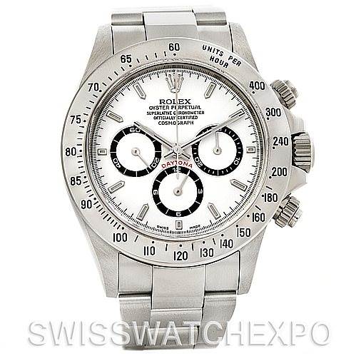 This image shows a front view of a Rolex Daytona 16520 Men's Stainless Steel White Dial 16520 Men's Stainless Steel White Dial watch, highlighting the dial, bezel, and bracelet.