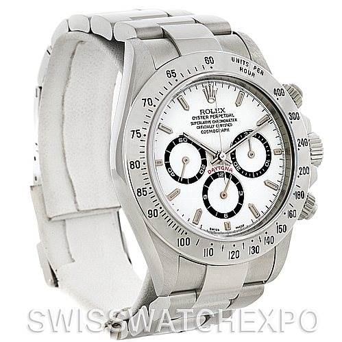 The image shows a Rolex Daytona 16520 Men's Stainless Steel White Dial 16520 Men's Stainless Steel White Dial watch from a three-quarter angle, highlighting the face, bezel, and bracelet.
