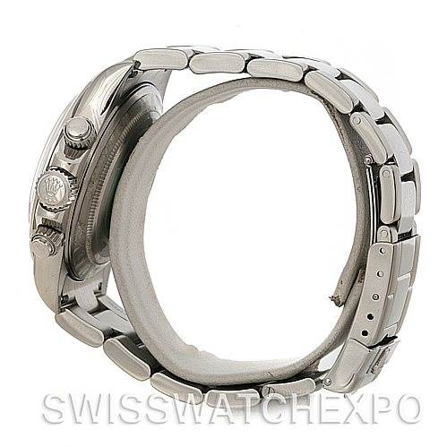 The image shows a side view of the Rolex Daytona 16520 Men's Stainless Steel White Dial 16520 Men's Stainless Steel White Dial watch, highlighting its crown, chronograph pushers, and metal bracelet.