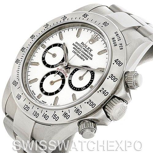 This image shows a Rolex Daytona 16520 Men's Stainless Steel White Dial 16520 Men's Stainless Steel White Dial watch from an angled view, highlighting the bezel, crown, pushers, and face with its subdials.