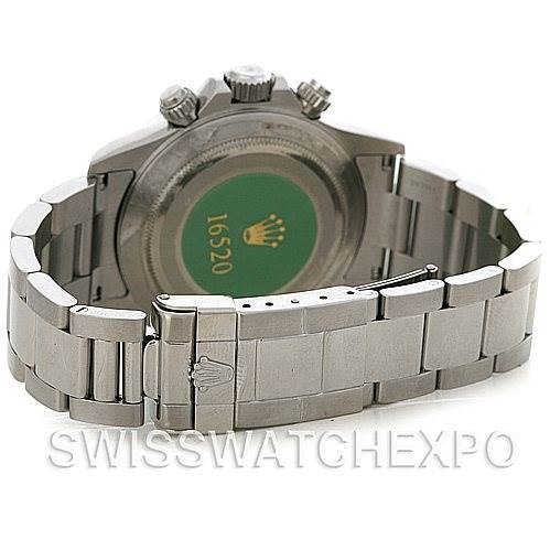 The image shows the back of a Rolex Daytona 16520 Men's Stainless Steel White Dial 16520 Men's Stainless Steel White Dial watch, highlighting the case back, bracelet, and clasp.