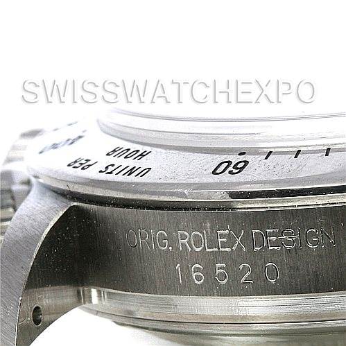 This image shows a close-up side view of a Rolex Daytona 16520 Men's Stainless Steel White Dial 16520 Men's Stainless Steel White Dial watch, focusing on the engraved model number 16520 and the bezel markings.