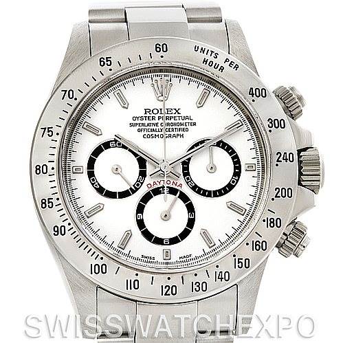 The image shows a front view of the Rolex Daytona 16520 Men's Stainless Steel White Dial 16520 Men's Stainless Steel White Dial watch, highlighting its face, bezel, and chronograph sub-dials.
