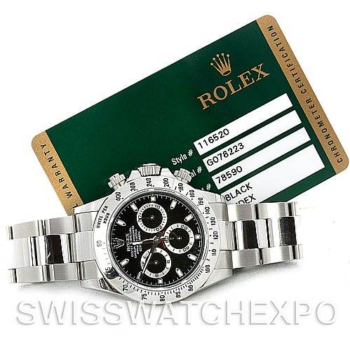 The image shows a Rolex Daytona 116520 Men's Stainless Steel Black Dial 116520 Men's Stainless Steel Black Dial watch lying flat with its front visible, alongside its green certification card.