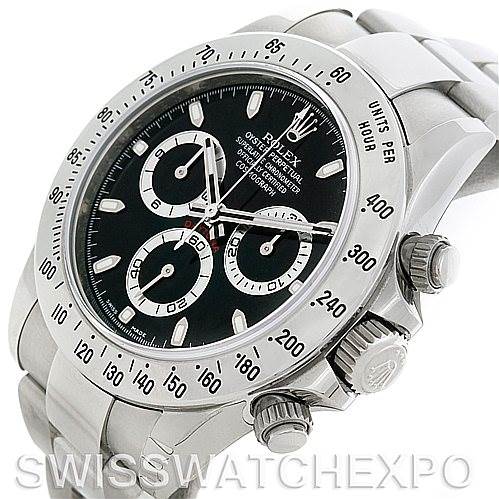 The image shows a Rolex Daytona 116520 Men's Stainless Steel Black Dial 116520 Men's Stainless Steel Black Dial watch at a three-quarter angle focusing on its bezel, dial, crown, pushers, and part of the bracelet.