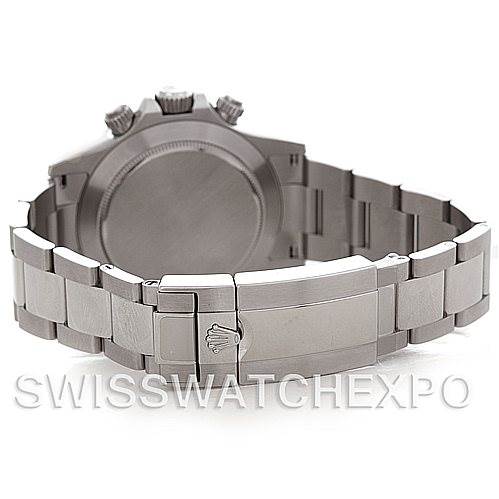 The image shows the backside view of a Rolex Daytona 116520 Men's Stainless Steel Black Dial 116520 Men's Stainless Steel Black Dial model, highlighting the bracelet and clasp with the Rolex logo.