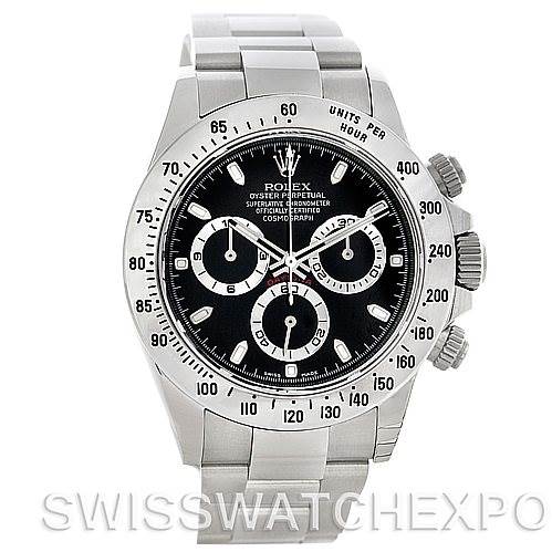 This image shows a front view of a Rolex Daytona 116520 Men's Stainless Steel Black Dial 116520 Men's Stainless Steel Black Dial watch, displaying its black dial, chronograph sub-dials, and stainless steel bracelet.