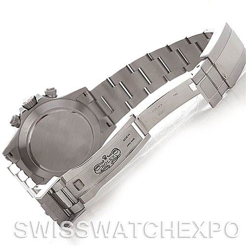 The image shows the back view of a Rolex Daytona 116520 Men's Stainless Steel Black Dial 116520 Men's Stainless Steel Black Dial watch, focusing on the case back, bracelet, and clasp.