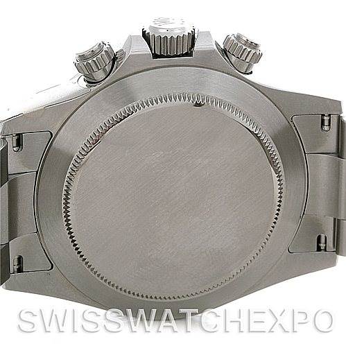 The image shows the back case and crown of a Rolex Daytona 116520 Men's Stainless Steel Black Dial 116520 Men's Stainless Steel Black Dial watch.