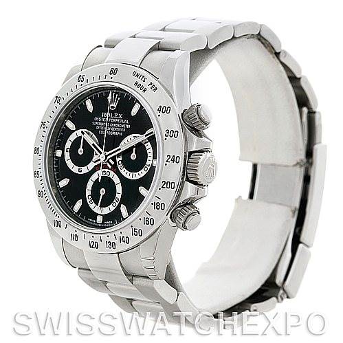 This image shows a Rolex Daytona 116520 Men's Stainless Steel Black Dial 116520 Men's Stainless Steel Black Dial watch at a three-quarter angle, highlighting the case, dial, bezel, and bracelet.