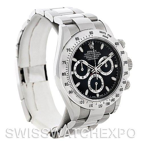 The image shows a Rolex Daytona 116520 Men's Stainless Steel Black Dial 116520 Men's Stainless Steel Black Dial watch at an angle that highlights its bezel, dial, chronograph buttons, and bracelet.