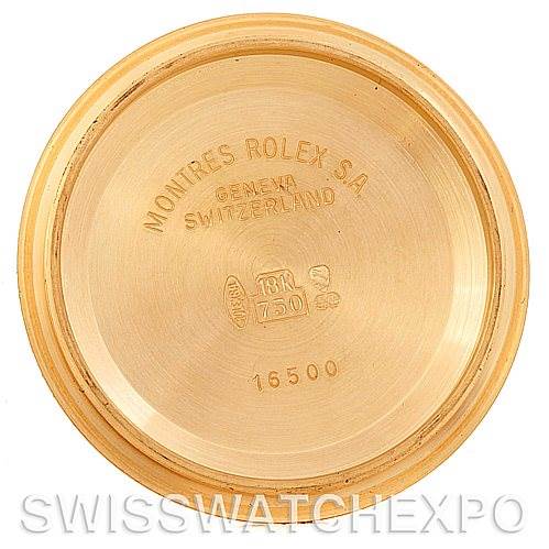 This image shows the underside of the case back for a Rolex Daytona 16528 Men's Yellow Gold White Dial 16528 Men's Yellow Gold White Dial watch with model number 16500.