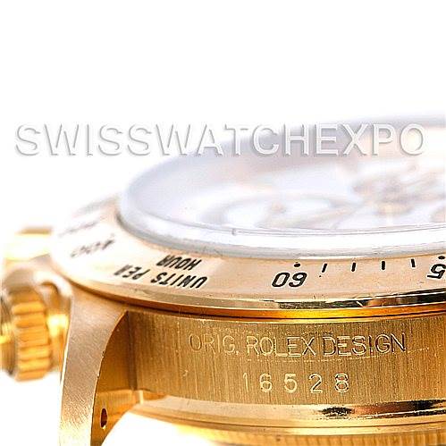 The image shows a close-up angle highlighting the side, bezel, crown, and model engraving of the Rolex Daytona 16528 Men's Yellow Gold White Dial 16528 Men's Yellow Gold White Dial watch.