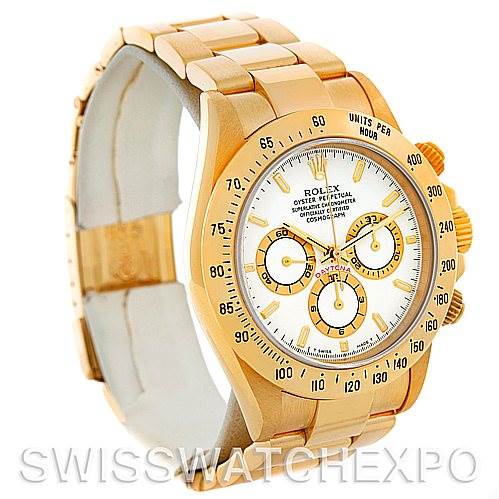 This image shows a front and side view of a Rolex Daytona 16528 Men's Yellow Gold White Dial 16528 Men's Yellow Gold White Dial watch, highlighting its gold case, bracelet, and white dial with three subdials.