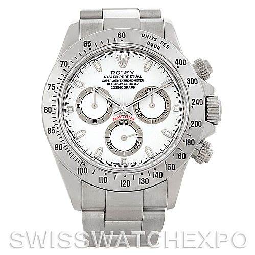 This image shows a front view of the Rolex Daytona 116520 Men's Stainless Steel White Dial 116520 Men's Stainless Steel White Dial watch, highlighting its face, bezel, and case, with visible pushers and crown.