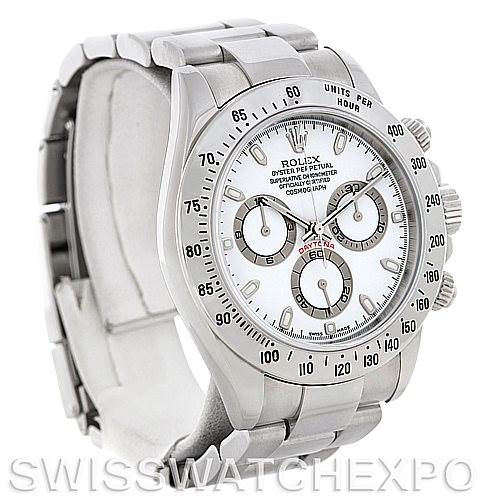 This Rolex Daytona 116520 Men's Stainless Steel White Dial 116520 Men's Stainless Steel White Dial watch is shown from a front-left angle, displaying the dial, bezel, crown, and chronograph pushers.