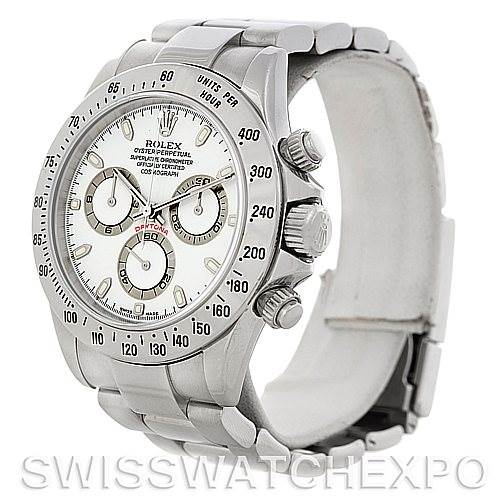 This image shows a Rolex Daytona 116520 Men's Stainless Steel White Dial 116520 Men's Stainless Steel White Dial watch at an angled view, displaying its face, bezel, crown, and part of the band.