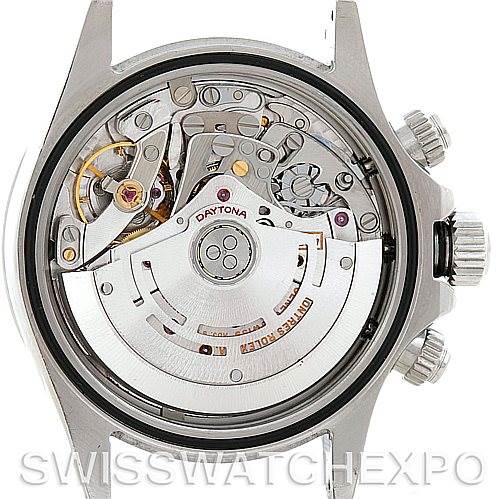 The image shows the back view of a Rolex Daytona 116520 Men's Stainless Steel White Dial 116520 Men's Stainless Steel White Dial watch, revealing its intricate mechanical movement.