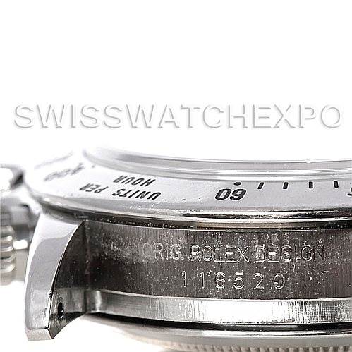 The image shows a close-up side view of a Rolex Daytona 116520 Men's Stainless Steel White Dial 116520 Men's Stainless Steel White Dial watch, highlighting the bezel, case side, and crown guard with model number 116520 engraved.