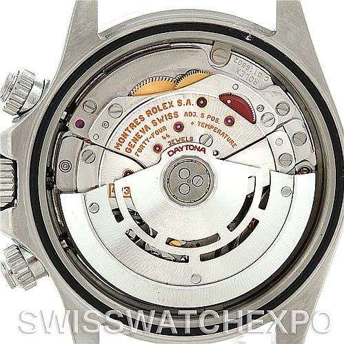 This image shows the back view of the Rolex Daytona 116520 Men's Stainless Steel White Dial 116520 Men's Stainless Steel White Dial watch, revealing its intricate movement and internal components.