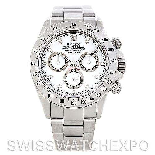 This image shows a Rolex Daytona 116520 Men's Stainless Steel White Dial 116520 Men's Stainless Steel White Dial watch with a front-facing view, highlighting its dial, bezel, and metal bracelet.