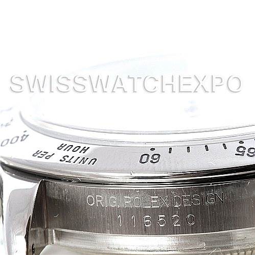 The image shows a close-up of the Rolex Daytona 116520 Men's Stainless Steel White Dial 116520 Men's Stainless Steel White Dial watch bezel and part of the case with the model number "116520".