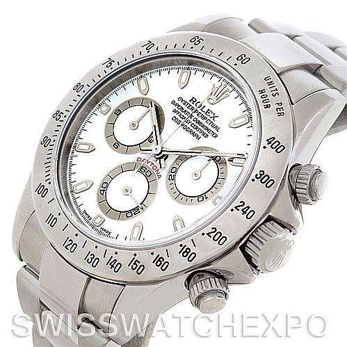 This image shows a close-up, angled view of the Rolex Daytona 116520 Men's Stainless Steel White Dial 116520 Men's Stainless Steel White Dial watch, highlighting the face, bezel, and crown.