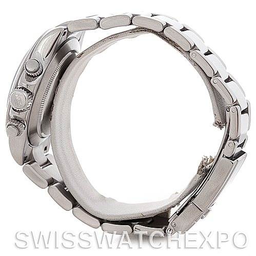 This image shows a side view of a Rolex Daytona 116520 Men's Stainless Steel White Dial 116520 Men's Stainless Steel White Dial watch, highlighting the crown, pushers, and bracelet.