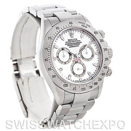 The image shows a side-angle view of a Rolex Daytona 116520 Men's Stainless Steel White Dial 116520 Men's Stainless Steel White Dial watch, highlighting the face, bezel, and part of the bracelet.