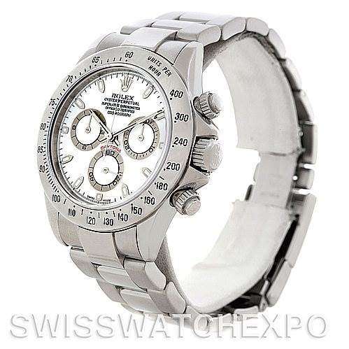 The image shows a Rolex Daytona 116520 Men's Stainless Steel White Dial 116520 Men's Stainless Steel White Dial watch from an angled front-side view, emphasizing the dial, bracelet, and bezel.