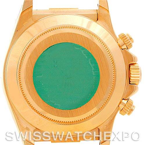 This image shows the case back and side profile with the crown and pushers of a Rolex Daytona 16518 Men's Yellow Gold White Dial 16518 Men's Yellow Gold White Dial model watch.