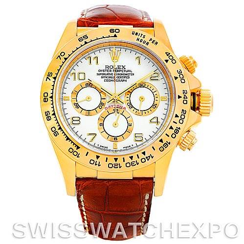 This image shows a Rolex Daytona 16518 Men's Yellow Gold White Dial 16518 Men's Yellow Gold White Dial watch from a front angle, displaying its face, bezel, and strap.