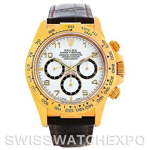 This image shows a front view of the Rolex Daytona 16518 Men's Yellow Gold White Dial 16518 Men's Yellow Gold White Dial watch, highlighting its dial, bezel, and leather strap.