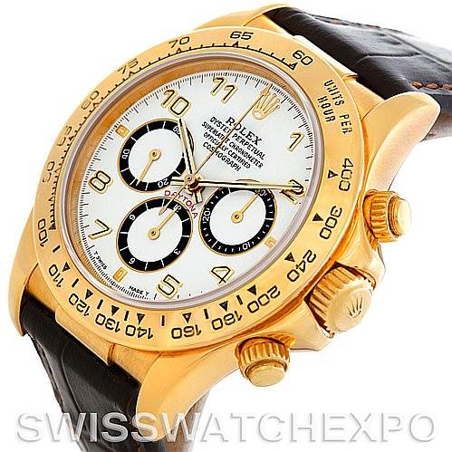 The image shows a Rolex Daytona 16518 Men's Yellow Gold White Dial 16518 Men's Yellow Gold White Dial watch from a slight angled front view, highlighting the face, side buttons, and strap.