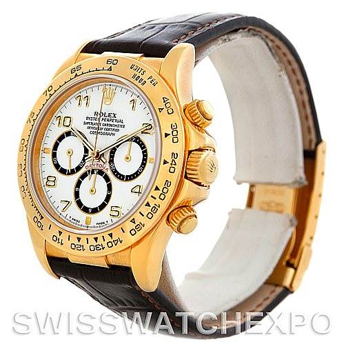 The Rolex Daytona 16518 Men's Yellow Gold White Dial 16518 Men's Yellow Gold White Dial watch is shown at a three-quarter angle, featuring the bezel, dial, crown, and strap.
