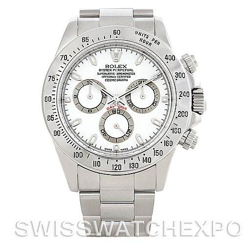 This image shows a front view of a Rolex Daytona 116520 Men's Stainless Steel White Dial 116520 Men's Stainless Steel White Dial watch, displaying its face, bezel, and bracelet.