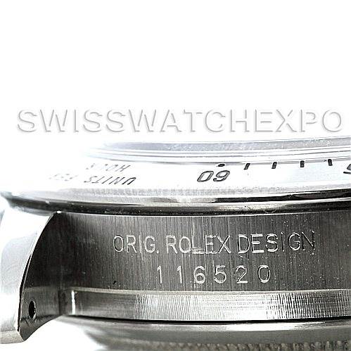 This image shows a close-up of the side of a Rolex Daytona 116520 Men's Stainless Steel White Dial 116520 Men's Stainless Steel White Dial watch case, displaying the model number 116520 and "ORIG. ROLEX DESIGN."