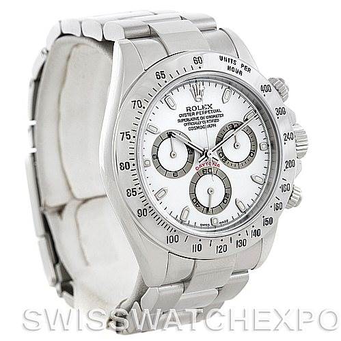 This image shows a Rolex Daytona 116520 Men's Stainless Steel White Dial 116520 Men's Stainless Steel White Dial model watch from a three-quarter angle, highlighting its face, sub-dials, and metal bracelet.