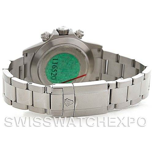 The image shows the back and clasp of a Rolex Daytona 116520 Men's Stainless Steel White Dial 116520 Men's Stainless Steel White Dial watch, displaying its bracelet and case back.