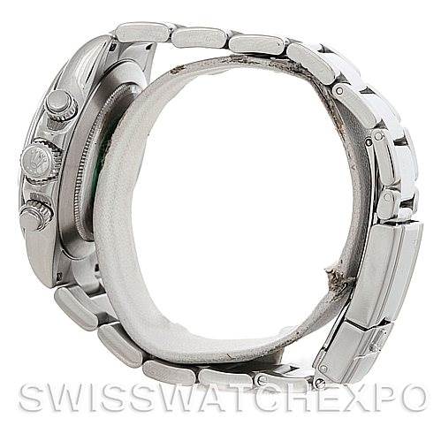 The image shows a side view of a Rolex Daytona 116520 Men's Stainless Steel White Dial 116520 Men's Stainless Steel White Dial watch, highlighting its crown, pushers, and bracelet.