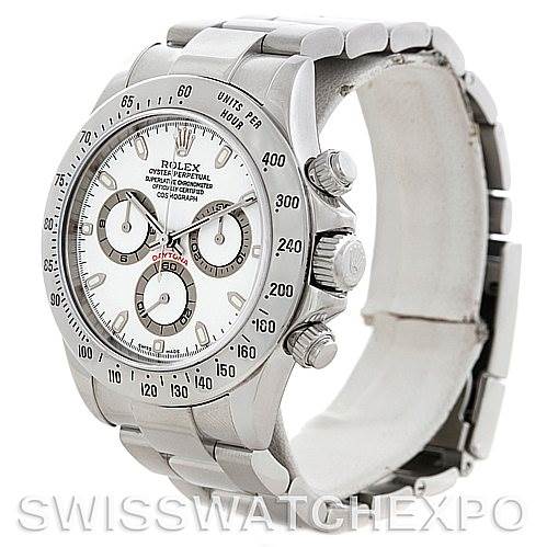 The image shows a Rolex Daytona 116520 Men's Stainless Steel White Dial 116520 Men's Stainless Steel White Dial watch at a three-quarter angle, highlighting its face, bezel, crown, and bracelet.