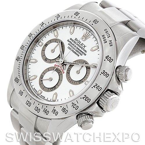 The image shows a Rolex Daytona 116520 Men's Stainless Steel White Dial 116520 Men's Stainless Steel White Dial watch at a slight angle, highlighting the face, bezel, and pushers.