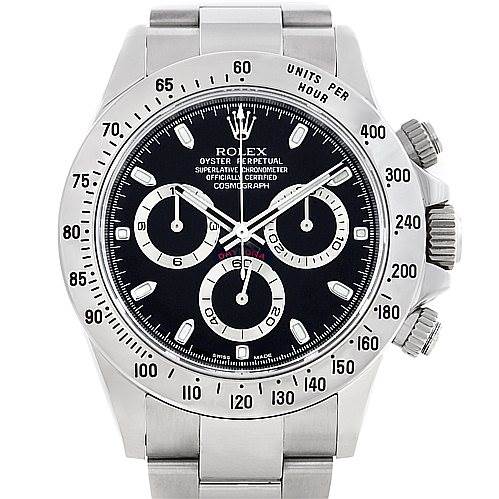 This image shows a frontal view of the Rolex Daytona 116520 Men's Stainless Steel Black Dial 116520 Men's Stainless Steel Black Dial watch, highlighting its dial, bezel, and bracelet.