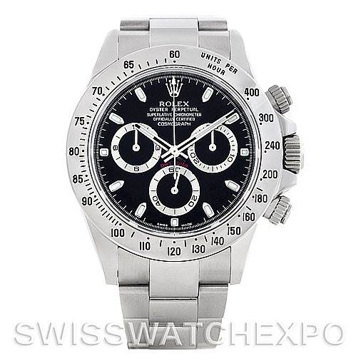 The image shows a front view of a Rolex Daytona 116520 Men's Stainless Steel Black Dial 116520 Men's Stainless Steel Black Dial watch, highlighting its bezel, dial, and bracelet.