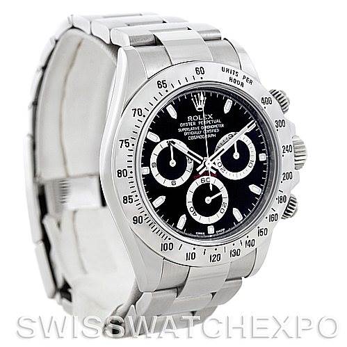The image shows a Rolex Daytona 116520 Men's Stainless Steel Black Dial 116520 Men's Stainless Steel Black Dial watch from a three-quarter front angle, highlighting the black dial, chronograph sub-dials, bezel, and bracelet.